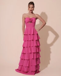 Vestido Longo Crepe Chiffon Tomara que Caia Plissado em Camadas Pink