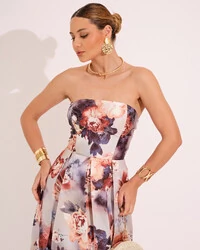 Vestido de Festa Longo em Zibeline Estampado Tomara que Caia Floral