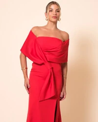 Vestido de Festa Longo Alfaiataria Ombro a Ombro Laço e Fenda Vermelho