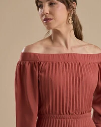 Vestido de Festa Longo Crepe Chiffon Plissado Ombro a Ombro Terracota