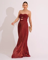 Vestido de Festa Longo Tule Brilho Tomara que Caia Recortes Marsala