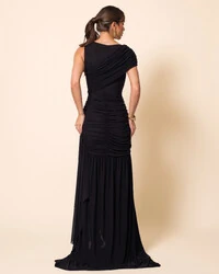 Vestido de Festa Longo Tule Faixa Detalhe Drapeado Preto