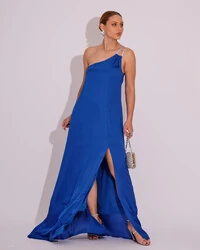 Vestido de Festa Longo Cetim Um Ombro Só Azul Royal