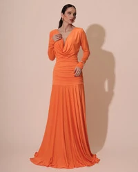 Vestido de Festa Longo Malha Degagê Drapeado Manga Longa Laranja