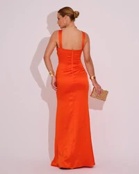 Vestido Longo de Festa Cetim Alfaiataria Drapeado Sereia Laranja