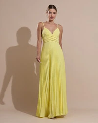Vestido de Festa Longo Plissado Crepe Chiffon com Alça e Lenço Amarelo Manteiga