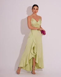 Vestido Midi Babado Acetinado Verde Lima