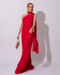 Vestido de Festa Longo Crepe Chiffon Um Ombro Só Drapeado Lenço Fixo Vermelho