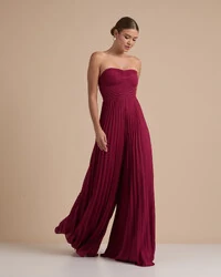 Macacão de Festa Longo Crepe Chiffon Tomara que Caia Plissado com Lenço Cereja