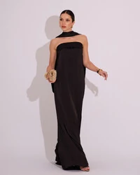 Vestido Longo de Festa Tomara que Caia Cetim com Lenço Preto