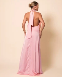 Vestido de Festa Longo Cetim Fluido Frente Única Degagê Mil Formas Rose Gold