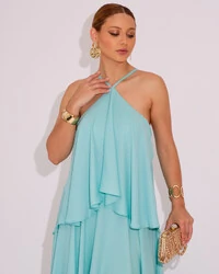 Vestido Longo Babado em Camadas Tiffany