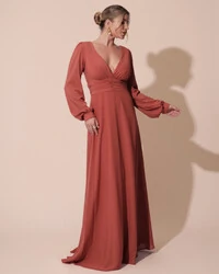 Vestido de Festa Manga Longa com Cintura Drapeada Decote V Terracota