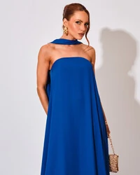 Vestido de Festa Longo Crepe Tomara que Caia com Lenço Azul Royal