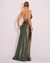 Vestido de Festa longo Cetim malha Metálico Fenda e Costas Cruzadas Verde Escuro