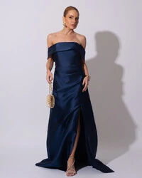 Vestido de Festa Longo Zibeline Ombro a Ombro Drapeado e Fenda Azul Marinho