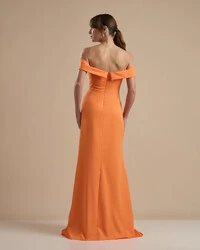 Vestido de Festa Longo Alfaiataria Ombro a Ombro com Fenda Laranja