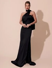 Vestido de Festa Longo Cetim Alfaiataria Tomara que Caia com Faixa Lenço Preto