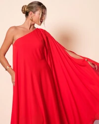 Vestido de Festa um Ombro com Capa Crepe Fluido Vermelho New