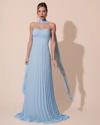 Vestido de Festa Longo Tomara que Caia Plissado com Lenço Azul Serenity