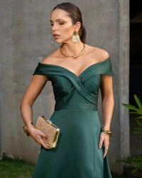 Vestido de Festa Longo Zibeline Ombro a Ombro com Fenda Verde Escuro