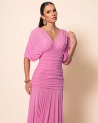 Vestido de Festa Longo Tule Manga Curta Drapeado Rosa