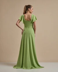 Vestido de Festa Longo Crepe Chiffon Manga Babado e Fenda Verde Garden