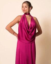 Vestido de Festa Longo Cetim Fluido Frente Única Degagê Mil Formas Beterraba