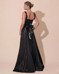 Vestido de Festa Longo Zibeline Cristal com Fenda e Faixa Preto