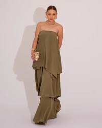 Vestido de Festa Longo Tomara que Caia em Camadas Verde Oliva