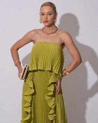 Vestido de Festa Longo Crepe Chiffon Tomara que Caia Plissado com Babado Cascata Verde Pistache
