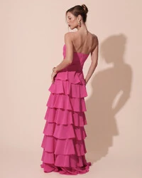 Vestido Longo Crepe Chiffon Tomara que Caia Plissado em Camadas Pink