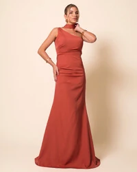 Vestido de Festa Longo Alafataria Um Ombro Só Detalhe Drapeado Terracota