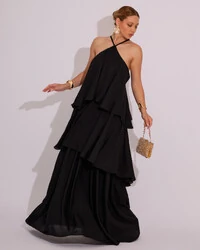 Vestido Longo Babado em Camadas Preto