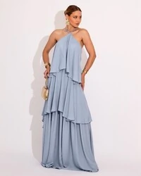 Vestido Longo Crepe Chiffon Babado em Camadas Serenity