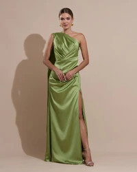 Vestido de Festa Longo Cetim Alfaiataria Um Ombro Só Drapeado com Lenço Verde Pistache