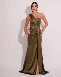Vestido de Festa Longo Cetim Alfaiataria Tomara que Caia Faixa Verde Oliva