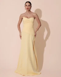 Vestido de Festa Longo Alfaiataria Tomara que Caia Drapeado Faixa Amarelo Manteiga