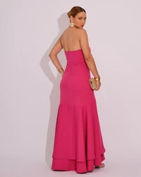 Vestido Longo com Fenda de Babados Alfaiataria Pink New