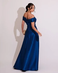 Vestido de Festa Longo Zibeline Ombro a Ombro com Fenda Azul Royal