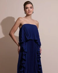Vestido de Festa Longo Crepe Chiffon Tomara que Caia Plissado com Babado Cascata Azul Marinho