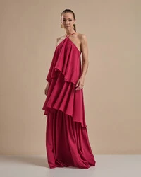 Vestido Longo Babado em Camadas Cereja