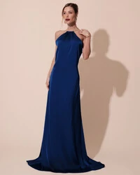 Vestido de Festa Longo Cetim Fluido com Argola Frente Única Azul Royal New