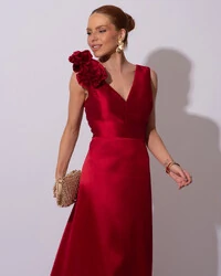 Vestido de Festa longo Zibeline Decote em V com Flores Removivel Marsala