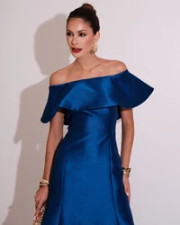 Vestido de Festa Longo Ombro a Ombro Zibeline com Babado Azul Royal