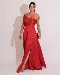 Vestido de Festa longo Faixa Ombro e Fenda Zibeline Vermelho