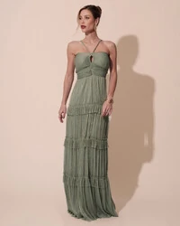 Vestido de Festa Longo Tule com Saia Babado Verde Oliva