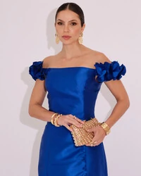 Vestido Longo de Festa Zibeline Ombro a Ombro com Flores e Fenda Azul Royal
