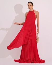 Vestidos de Festa Longo Chiffon Fluido Frente Única Plissado Duplo Vermelho