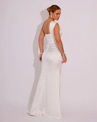 Vestido de Festa Longo Cetim Alfaiataria Tomara que Caia Faixa Branco
